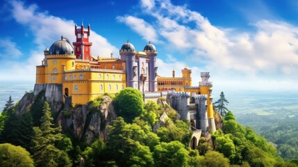 Palace of Pena in Sintra. Lisbon, Portugal. Famous landmark. Summer morning landscape with blue sky.


 - obrazy, fototapety, plakaty