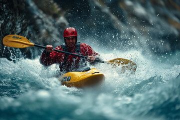 Whitewater Kayaking Adventure Down a Mountain River's White Water Rapids - obrazy, fototapety, plakaty
