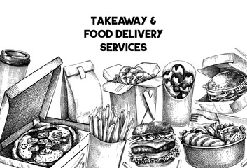 Food delivery banner. Hand drawn vector illustration. Vintage style. Takeaway food background, takeout food in paper box, fast food menu design. Pizza, burger, coffee, noodles, poke, sushi sketch - obrazy, fototapety, plakaty