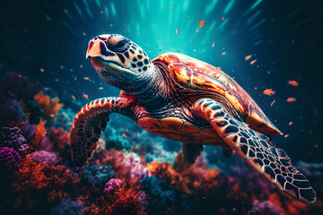 Naklejka na ściany i meble A sizable sea turtle gracefully glides through the water