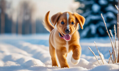 A brown baby puppy walking bravely in the snow with its pink tongue sticking out. midwinter landscape.