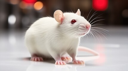 A white rat sitting on top of a white floor. Laboratory animal, testing model for research.