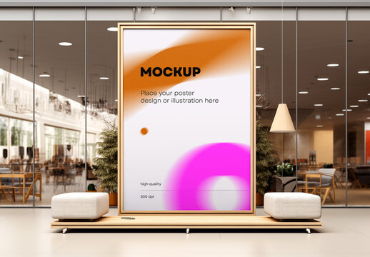 Vertical Framed Poster Mockup &ndash; Realistic Display in Cozy Lobby Interior with Glass Wall Background and Wooden Bench
