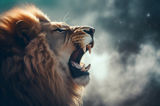 A mighty lion roars, close