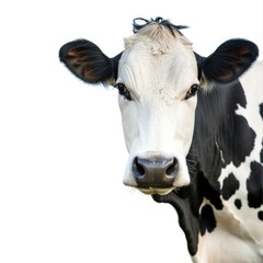 A close up of a cow's face with a white background.