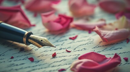 "Scripted in Love: A Valentine's Ode on Vintage Parchment" Close-up of a handwritten love letter with a vintage fountain pen, antique paper, and scattered rose petals, capturing the timeless tradition