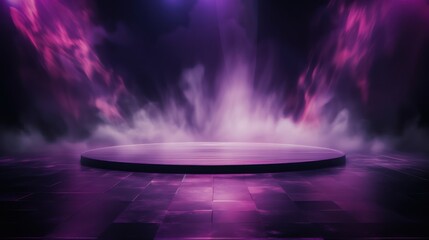 Smoke hovers in a purple void, an empty scene brought to life by neon lights and spotlights.