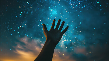 hand reaching out to starry night sky