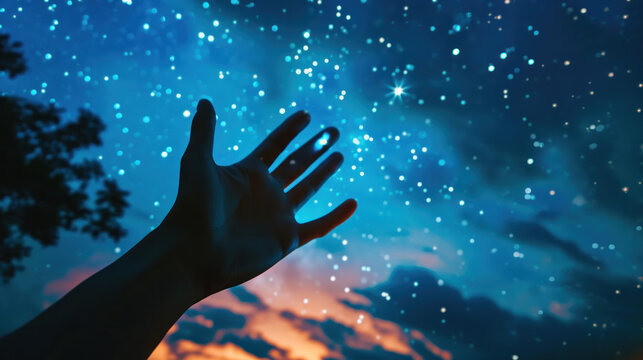 hand reaching out to starry night sky