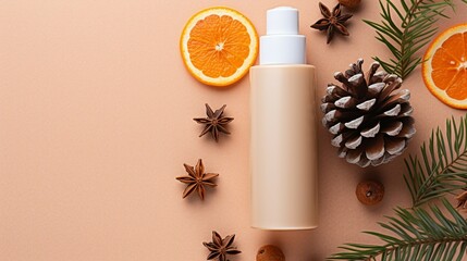 Fototapeta na wymiar Natural Winter Skincare Cosmetics Composition with Pump Bottle and Cream Jar on Beige Background