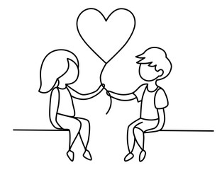 Boy and girl couples love with heart shape balloon one continuous line  hand drawn style for Valentine's Day.vector illustration.