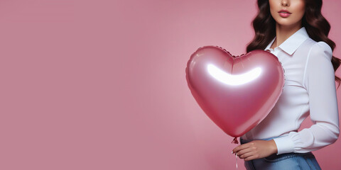 Fototapeta na wymiar Portrait of a beautiful girl with a heart-shaped air balloon in her hands. Happy Valentine's day. Light pink background.