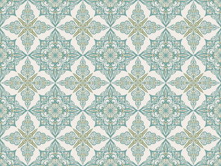 Seamless pattern with classic ornament. Green background with victorian ornaments for fabric, ceramic tiles, wallpapers, design. Textile print for arabic scarf.