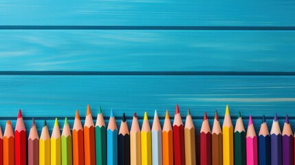 Multicolored drawing pencils crayon on the blue background. AI generated image