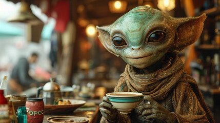 Alien Creature Enjoying a Cup of Tea, Intergalactic Café