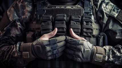 Soldier in tactical outfit and gloves putting on protective armor vest.


