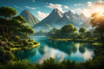 Poster Envision the magic of nature with a narrow river weaving through a lush embrace of trees and greenery. In the backdrop, a grand mountain sits beneath a sky © Muhammad