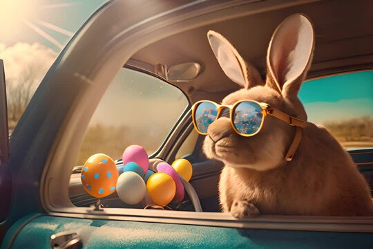 Cute Easter Bunny with sunglasses looking out of a car filed with easter eggs