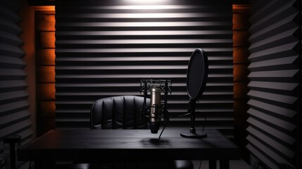 Soundproofing acoustic treatment for home studio recording podcasts for popular videos. Podcast media studio for broadcasting audio. Video camera setup for podcasting microphone speech or interview.

