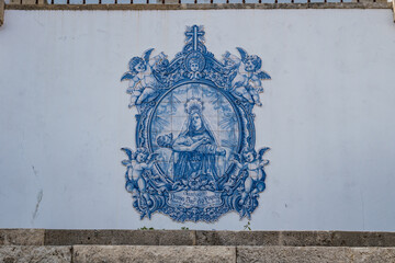 Well-preserved old blue tiles with the inscription Sanctuary of Our Lady of Weeping and commissioned by Queen Santa Isabel, Dornes PORTUGAL