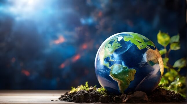 Earth at night in dark background with copy space. Earth Day April 22. Environment Day June 5. Energy saving concept. Save power. Save the earth from pollution 