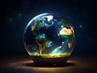 Glass globe nature concept for environmental conservation. Earth Day April 22. Environment Day June 5.  Energy saving concept. Save power. Save the earth from pollution 