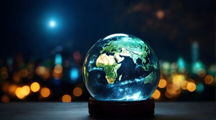 Transparent Glass globe in bulb holder at night with copy space. Earth Day April 22. Environment Day June 5.  Energy saving concept. Save power. Save the earth from pollution 