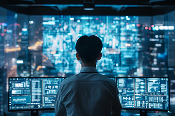 AI-powered smart city control center with staff monitoring holographic displays of urban data to optimize city functions efficiently.