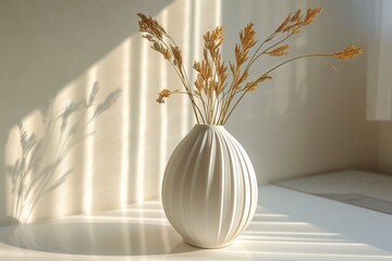 3D printed white vase with hay, vary style, 32k Hud, contemporary day, light brown, Alford pan f, neoclassical theme, beautiful shape, design sense, bright colors and beautiful lines - obrazy, fototapety, plakaty