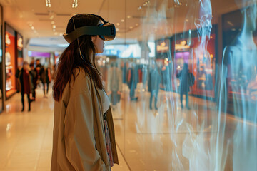 Futuristic augmented reality shopping mall with shoppers using wearable tech - virtual fitting rooms - and interactive product displays for an enhanced experience.