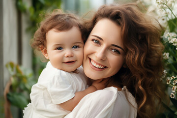 Fototapeta premium Mom hugging her toddler baby, happy and smiling mother 