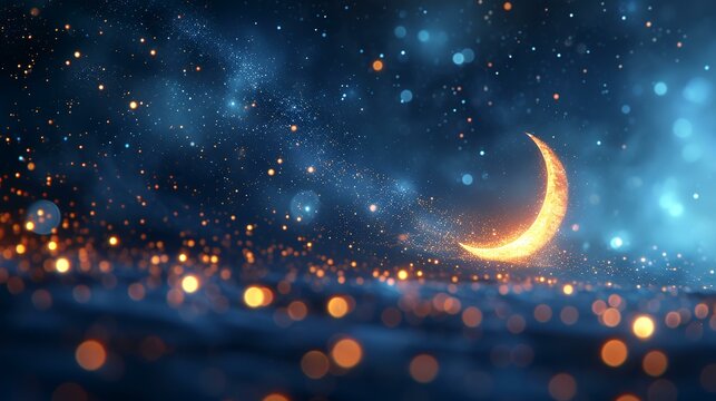Ramadan Kareem background with crescent moon and stars. 3D rendering