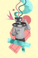 Picture pinup retro collage of strange absurd person with teacup face drinking aroma beverage relax...
