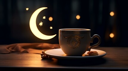 Obraz premium Cup of coffee and cookies on a wooden table at night.
