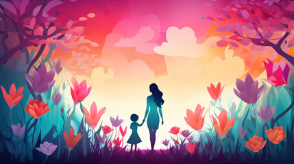 Mom with a baby girl in flowers,   Mother's day banner, copy space