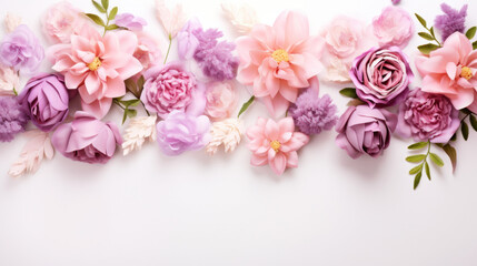 Pink purple flowers on a white background,  Mother's day banner, copy space