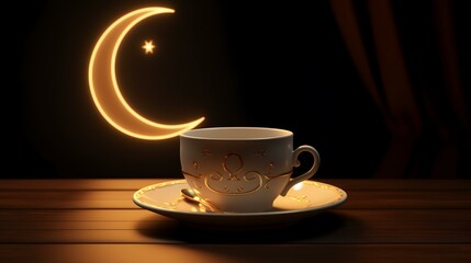 Cup of coffee on the wooden table with golden crescent moon