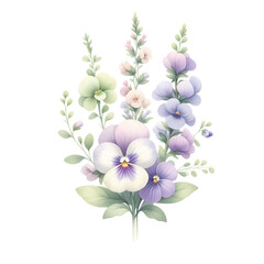 Bouquet of flowers, painted in a watercolor with soft pastel isolated on white background