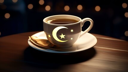 Obraz premium Cup of coffee with the image of the Turkish flag on the background.