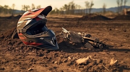 The concept of sports motocross. The pilot's safety helmet in the mud from the competition track, gloves.


