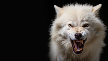 Angry white wolf roaring ready to attack isolated on gray background