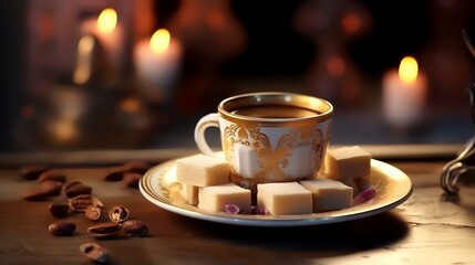 Obraz premium Cup of coffee with sugar cubes on wooden table in front of fireplace