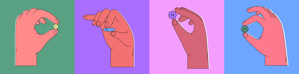 Diverse hands hold abstract geometric figures. Different simple brutalism style shapes, positions. Hand drawn trendy Vector illustration. Cartoon style. Isolated design elements.