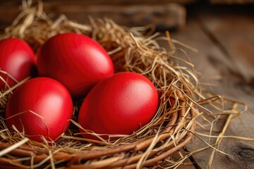 Fototapeta na wymiar A wicker basket, adorned with straw, cradles the vibrant red Easter eggs