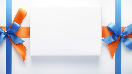 There is an open rectangular empty white box on an orange table, a blue ribbon lies next to it created with Generative Ai