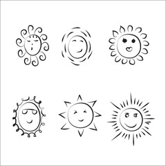Cute set of sun . Funny happy smiley suns. Happy doodles bright and beautiful cartoon characters.