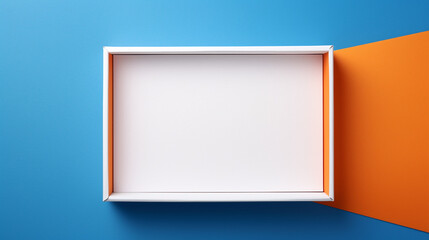 There is an open rectangular empty white box on an orange table, a blue ribbon lies next to it created with Generative Ai