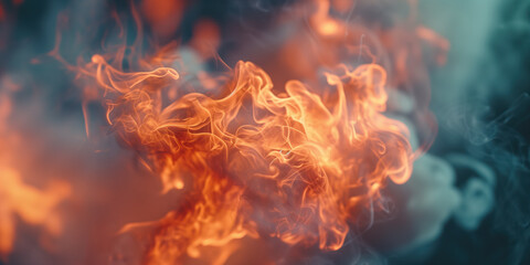 Orange fire flames on a blue background. Shallow depth of field.