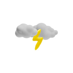 White 3d clouds with yellow glowing lightning bolt icon, vector cartoon weather forecast storm realistic symbol