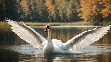 A majestic swan gracefully flaps its wings as it glides across the serene surface of a crystal clear lake, its elegant movements leaving a trail of ripples in its wake